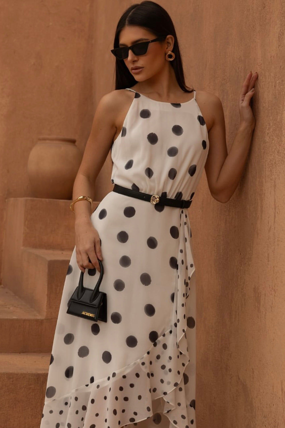 DRESS CHIFFON PRINT POlkA W/ BELT FLOWER