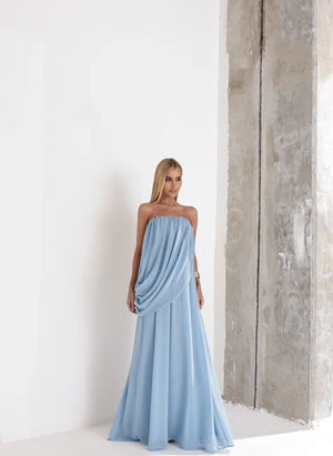 Vestido Longo Festa Drapeado Azul Serenity