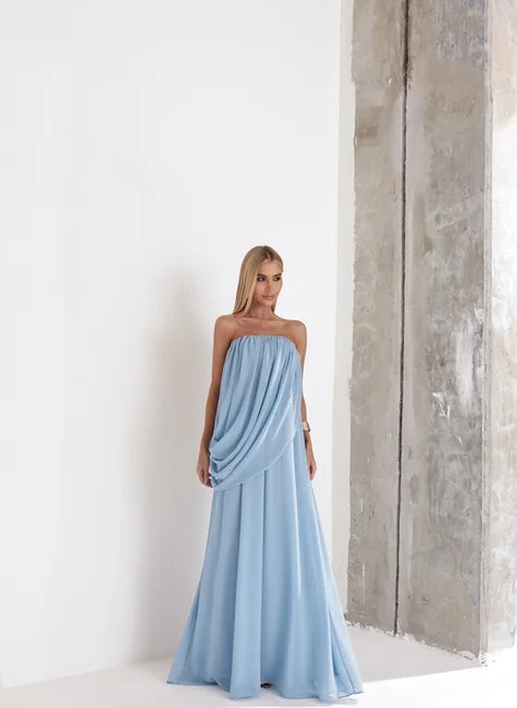Vestido Longo Festa Drapeado Azul Serenity
