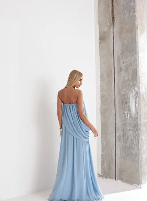 Vestido Longo Festa Drapeado Azul Serenity