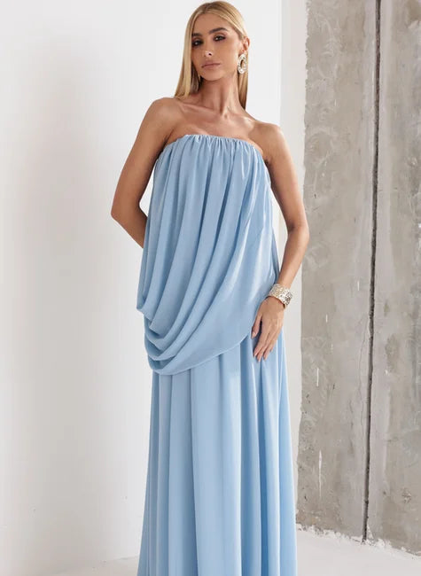 Vestido Longo Festa Drapeado Azul Serenity