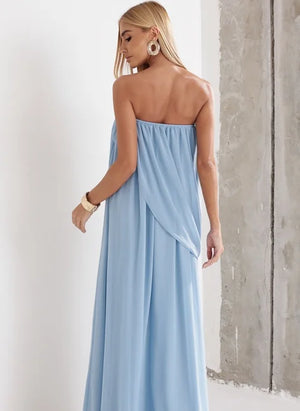 Vestido Longo Festa Drapeado Azul Serenity